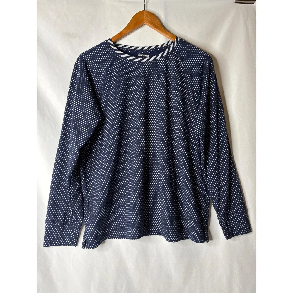 Lands End Womens Navy Polka Dot Pajama Set Long Sleeve Top and Pants Large 14-16